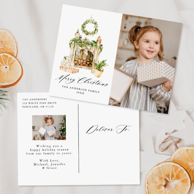 Cartes Pour Fêtes Annuelles Cheminée Boho Aquarelle Avec Verdure 2 Photo (Créateur téléchargé)