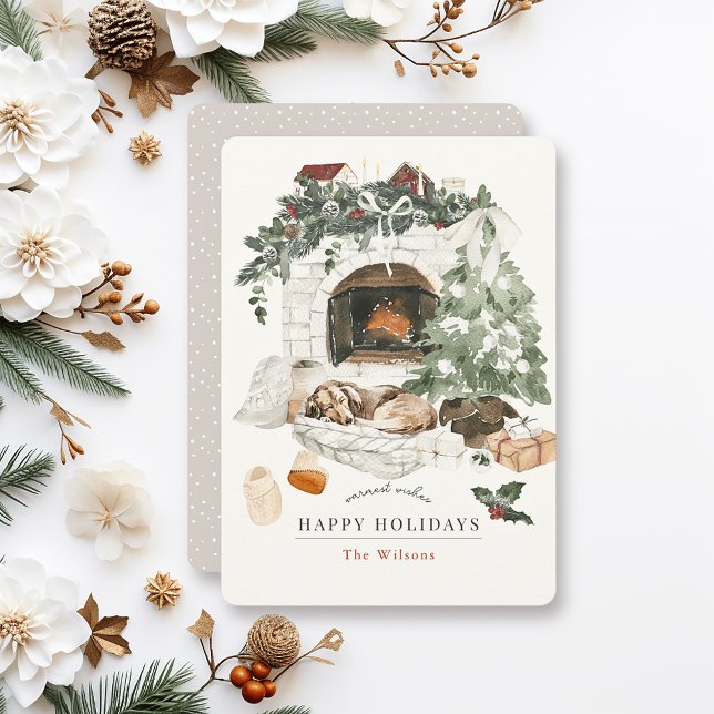 Cartes Pour Fêtes Annuelles Cheminée confortable Arbre de Noël Chien Aquarelle (Créateur téléchargé)