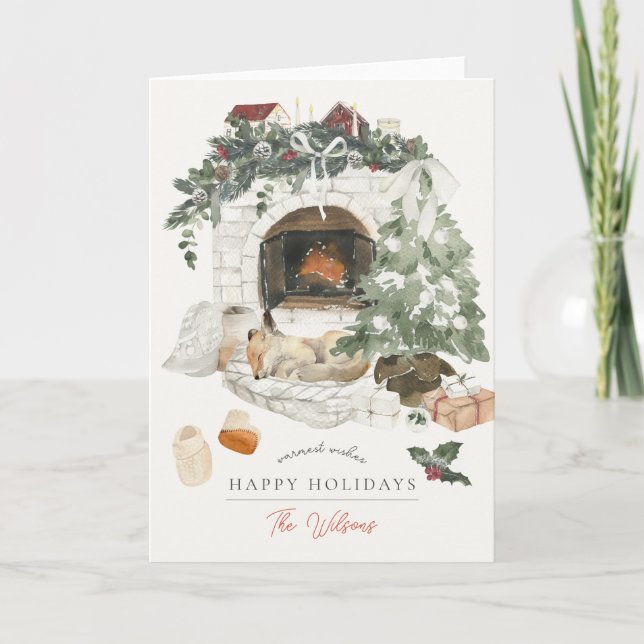 Cartes Pour Fêtes Annuelles Cheminée confortable Arbre de Noël Fox Aquarelle (Devant)
