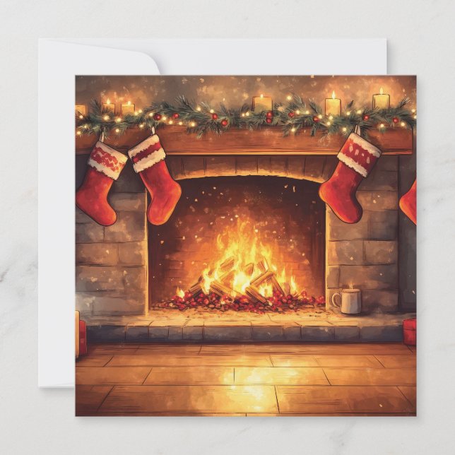 Cartes Pour Fêtes Annuelles Cheminée cosy avec bas suspendus  (Devant)