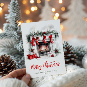 Cartes Pour Fêtes Annuelles Cheminée de fête de Noël à l'aquarelle