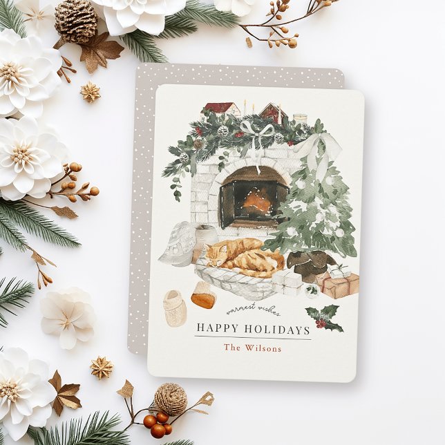 Cartes Pour Fêtes Annuelles Cheminée de Noël Arbre Chat Aquarelle (Créateur téléchargé)