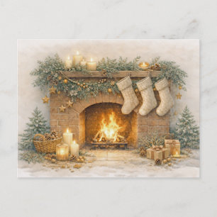 Cartes Pour Fêtes Annuelles Cheminée de Noël rustique à l'aquarelle neutre cha