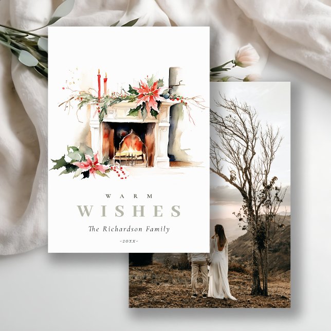 Cartes Pour Fêtes Annuelles Cheminée Poinsettia Chaleureux voeux de Noël Photo (Créateur téléchargé)