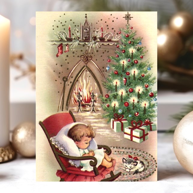 Cartes Pour Fêtes Annuelles Cheminée pour bébé dormant Noël Kitten (Créateur téléchargé)
