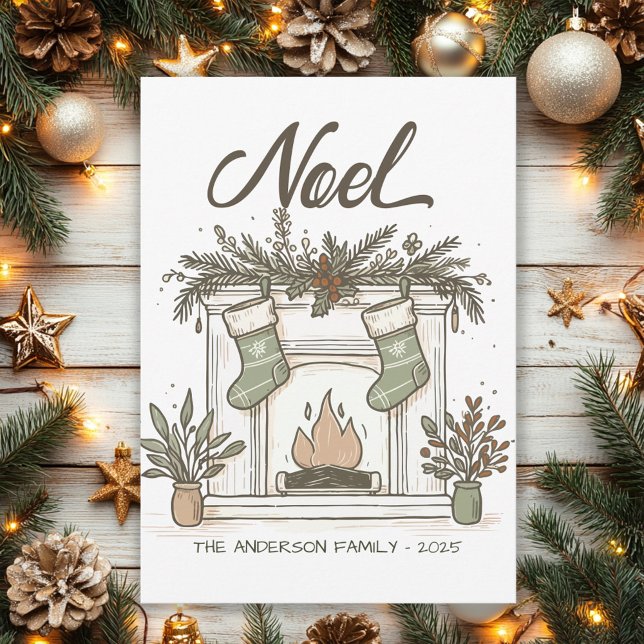 Cartes Pour Fêtes Annuelles Cheminée rustique tirée à la main Noel Noël (Vintage fireplace and stockings Christmas greeting card. )