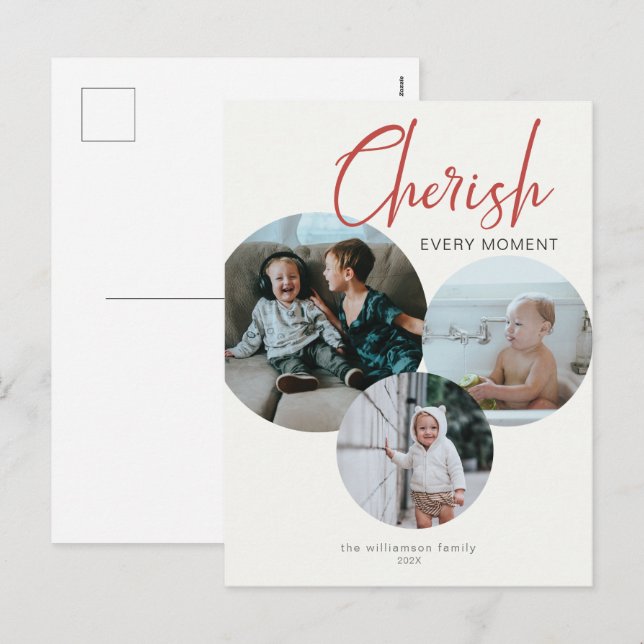 Cartes Pour Fêtes Annuelles Cherish Chaque instant Photo Rouge ivoire (Devant / Derrière)