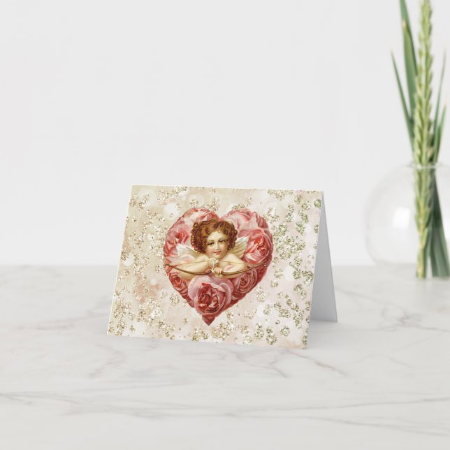 Cartes Pour Fêtes Annuelles Cherub avec Flèche Rose Heart Bokeh Bling (Devant)