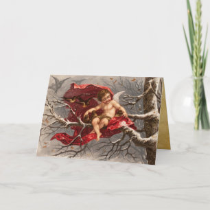 Cartes Pour Fêtes Annuelles CHERUBE À FEU SUR ARBRE D'HIVER AVEC OISEAUX Noël