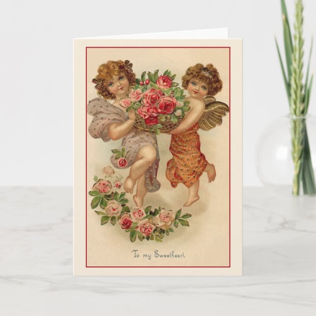 Cartes Pour Fêtes Annuelles Cherubs victoriens et Valentine Rose (Devant)
