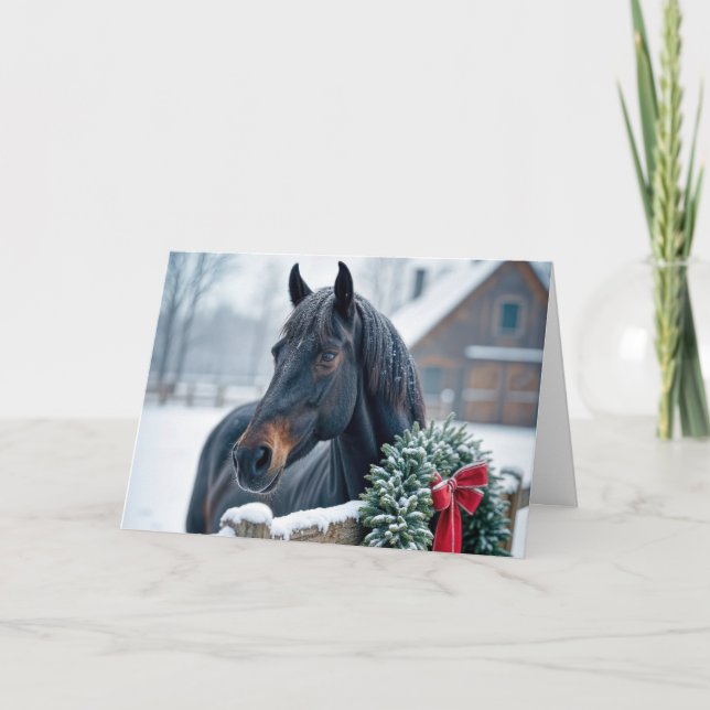 Cartes Pour Fêtes Annuelles Cheval avec couronne neige de Noël (Devant)