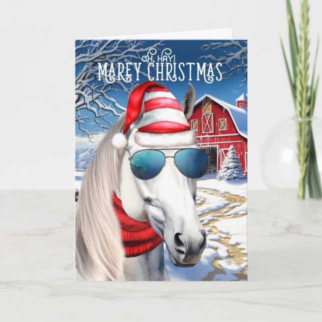 Cartes Pour Fêtes Annuelles Cheval blanc Arabe amusant MAREy Noël (Devant)