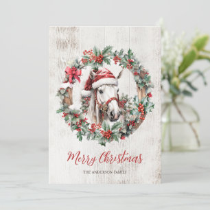 Cartes Pour Fêtes Annuelles Cheval blanc chapeau de Noël couronne bois rustiqu