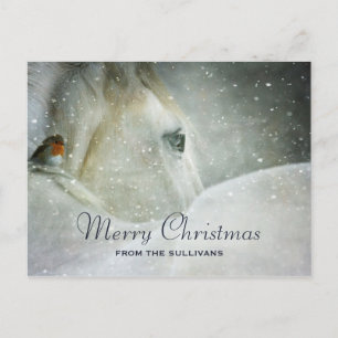 Cartes Pour Fêtes Annuelles Cheval blanc et oiseau dans une neige hivernale No