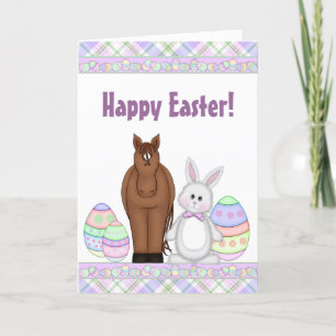 Cartes Pour Fêtes Annuelles Cheval Brown, lapin blanc et oeufs Joyeuses Pâques