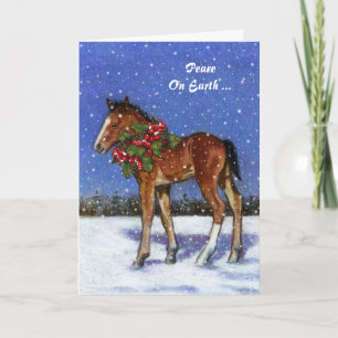 Cartes Pour Fêtes Annuelles Cheval, Colt en neige avec Noël Holly : Paix