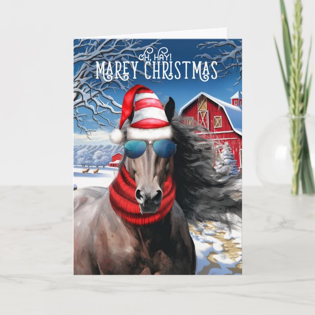 Cartes Pour Fêtes Annuelles Cheval de châtaignier du foie drôle MAREy Noël (Devant)