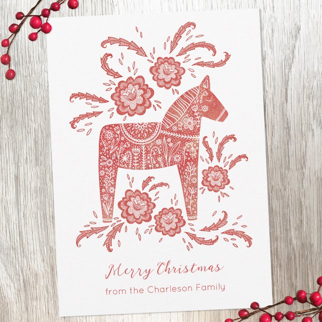 Cartes Pour Fêtes Annuelles Cheval de Dala suédois (Swedish Dala Horse red and white personalized Christmas holiday card)