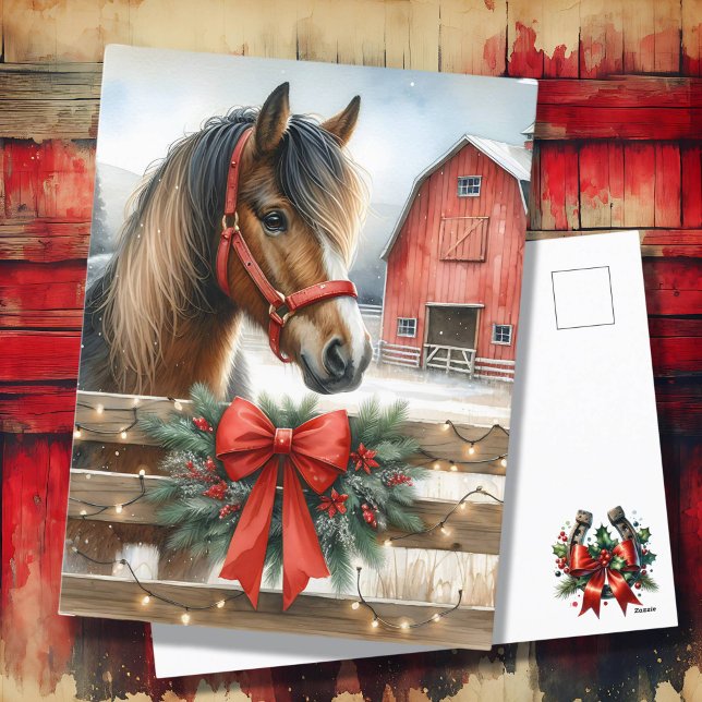 Cartes Pour Fêtes Annuelles Cheval Festif et Red Rustic Grange Noël (Créateur téléchargé)