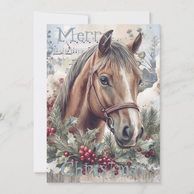 Cartes Pour Fêtes Annuelles Cheval hiver Aquarelle de Noël (Devant)