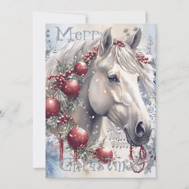 Cartes Pour Fêtes Annuelles Cheval hiver Aquarelle de Noël (Devant)