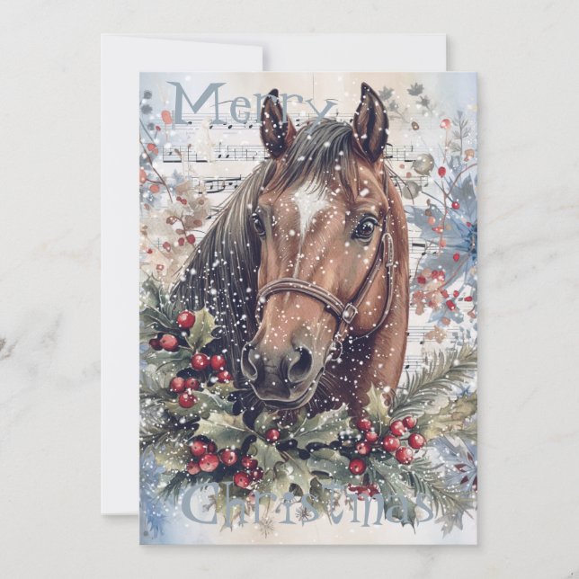 Cartes Pour Fêtes Annuelles Cheval hiver Aquarelle de Noël (Devant)
