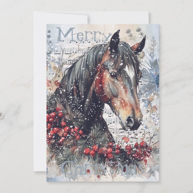 Cartes Pour Fêtes Annuelles Cheval hiver Aquarelle de Noël (Devant)