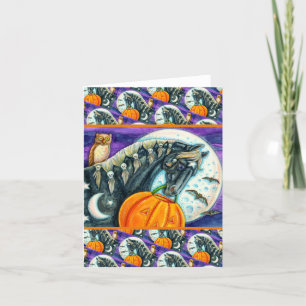CARTES POUR FÊTES ANNUELLES CHEVAL MAGIQUE NOIR, OWL, JACK-O'-LANTERN & SKULLS
