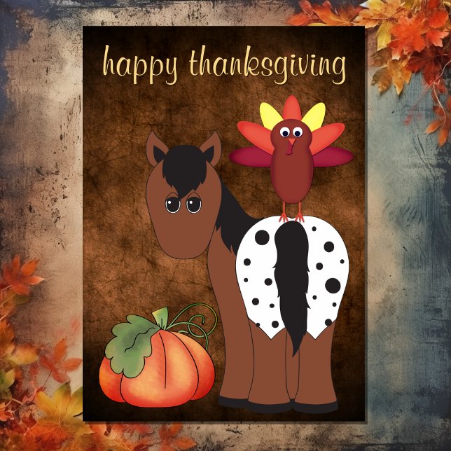 Cartes Pour Fêtes Annuelles Cheval mignon, Turquie et Thanksgiving Citrouille (Front - Cute Horse, Turkey and Pumpkin Thanksgiving Holiday Card)