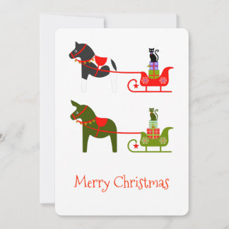 Cartes Pour Fêtes Annuelles Cheval Mulet Chat Traîneau en vert et rouge