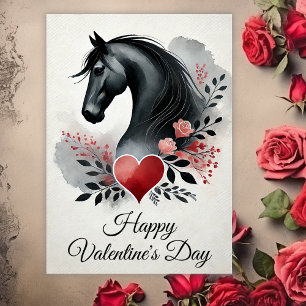 Cartes Pour Fêtes Annuelles Cheval noir avec coeur et fleurs Saint Valentin