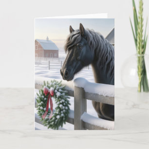 Cartes Pour Fêtes Annuelles Cheval noir avec une couronne de Noël enneigée