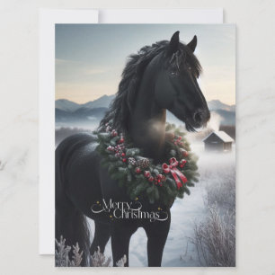 Cartes Pour Fêtes Annuelles Cheval noir dans la neige avec couronne de Noël