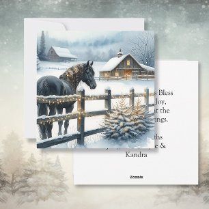 Cartes Pour Fêtes Annuelles Cheval noir dans une ferme de Noël personnalisée