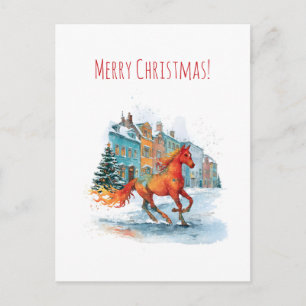 Cartes Pour Fêtes Annuelles Cheval rouge galopant à travers un Noël enneigé