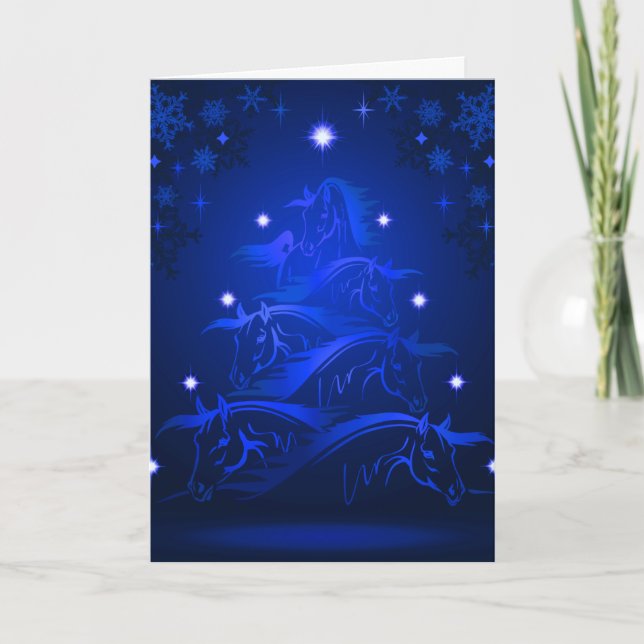 Cartes Pour Fêtes Annuelles Chevaux de nuit Bleu Arbre de Noël (Devant)