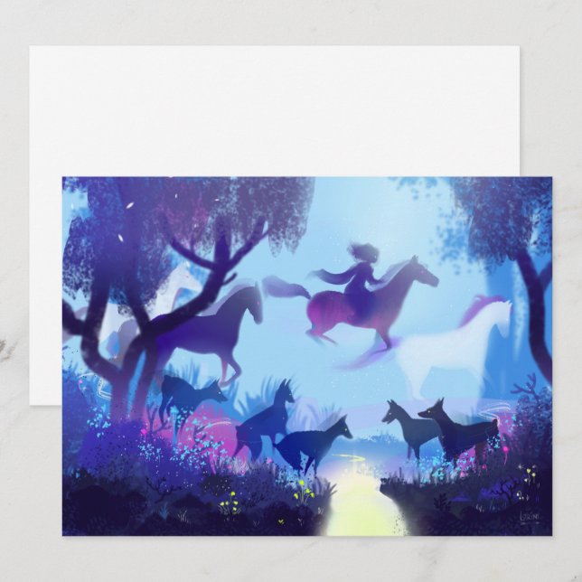 Cartes Pour Fêtes Annuelles Chevaux fantômes dans la forêt nocturne  (Devant / Derrière)