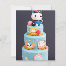 Chibi mignon chatte chat bleu jaune gâteau d'anniv
