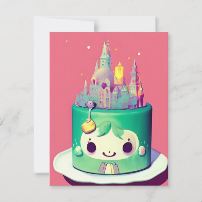 Cartes Pour Fêtes Annuelles Chibi mignon gâteau d'anniversaire château vert (Devant)
