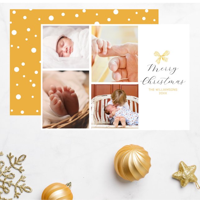 Cartes Pour Fêtes Annuelles Chic4 Photo Collage Gold Bow Joyeux Noël (Créateur téléchargé)