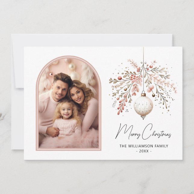Cartes Pour Fêtes Annuelles Chic Aquarelle Bauble & Photo de famille Noël (Devant)