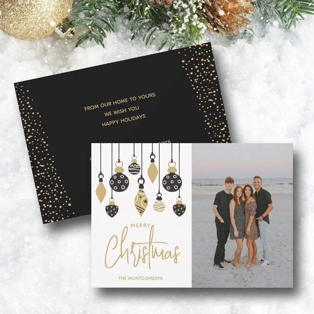 Cartes Pour Fêtes Annuelles Chic Black and Gold Christmas Tree Ornaments (Black and gold Christmas tree ornaments photo greeting cards, PRINTED and/or INSTANT DOWNLOAD)