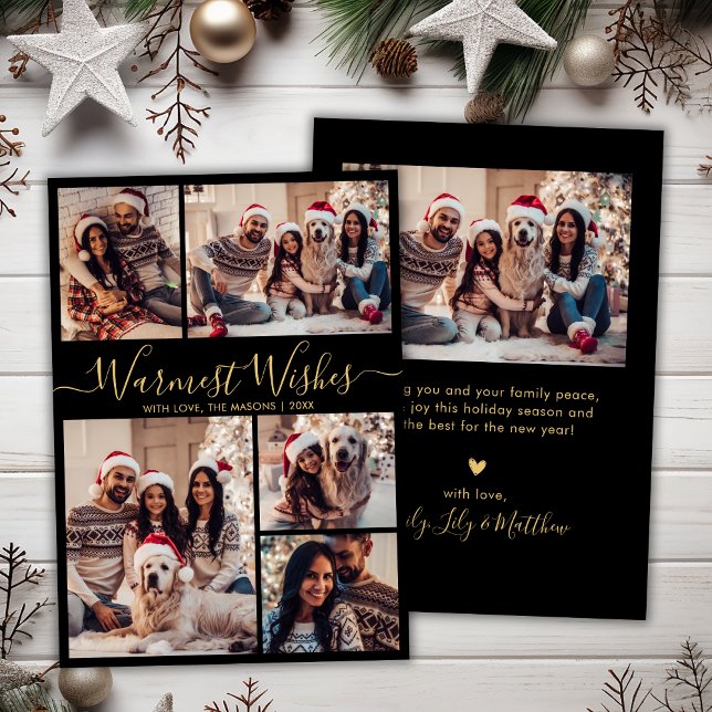Cartes Pour Fêtes Annuelles Chic Black Gold Warmest Wis Script 5 Photo (Créateur téléchargé)