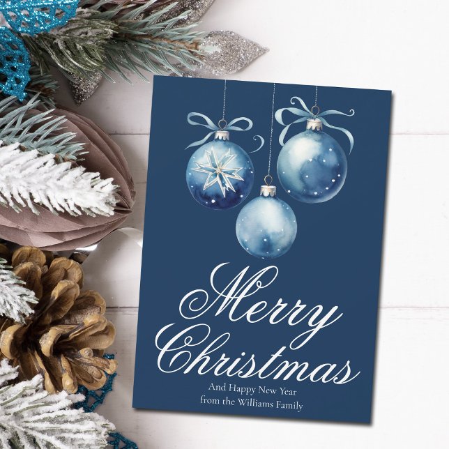 Cartes Pour Fêtes Annuelles Chic Bleu Joyeux ornements de Noël Customisés (Créateur téléchargé)