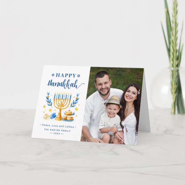 Cartes Pour Fêtes Annuelles Chic Blue Paix Amour Latkes Joyeux Hanukka Photo (Devant)