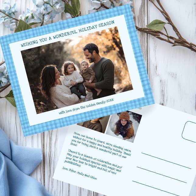 Cartes Pour Fêtes Annuelles Chic En vichy Hanoukka Noël Custom 3 Photo (Chic Gingham Plaid Handmade Hanukkah Christmas Custom 3 Photo Holiday Postcard
)
