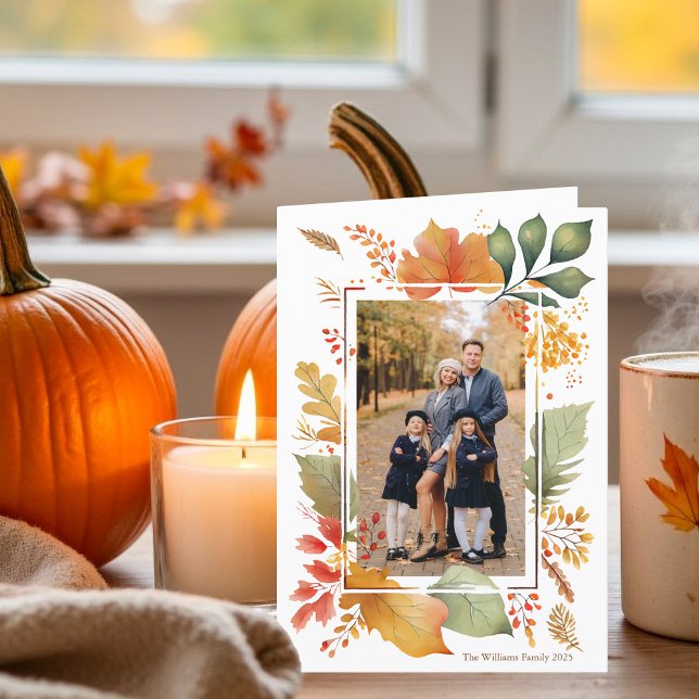Cartes Pour Fêtes Annuelles Chic Famille Thanksgiving Photo Fall Leaf Bordure (Créateur téléchargé)