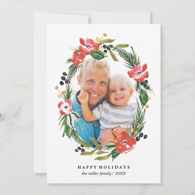 Cartes Pour Fêtes Annuelles Chic Fleurs Aquarelle Ovale Photo | Noël (Devant)