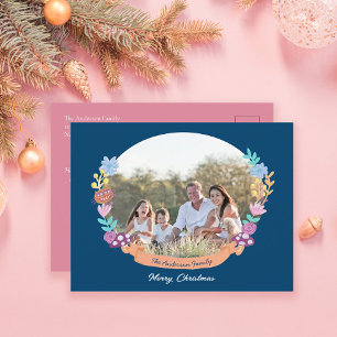 Cartes Pour Fêtes Annuelles Chic Floral Wreath Bleu foncé Photo Noël
