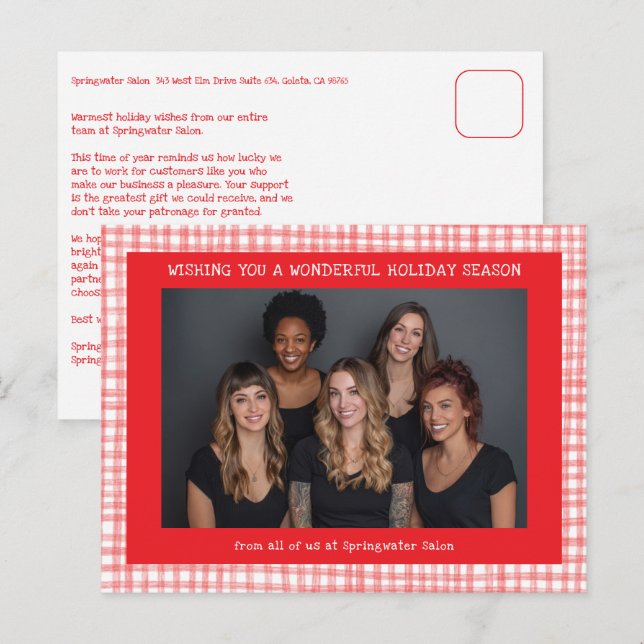 Cartes Pour Fêtes Annuelles Chic Gingham Red White Christmas Custom Business  (Devant / Derrière)